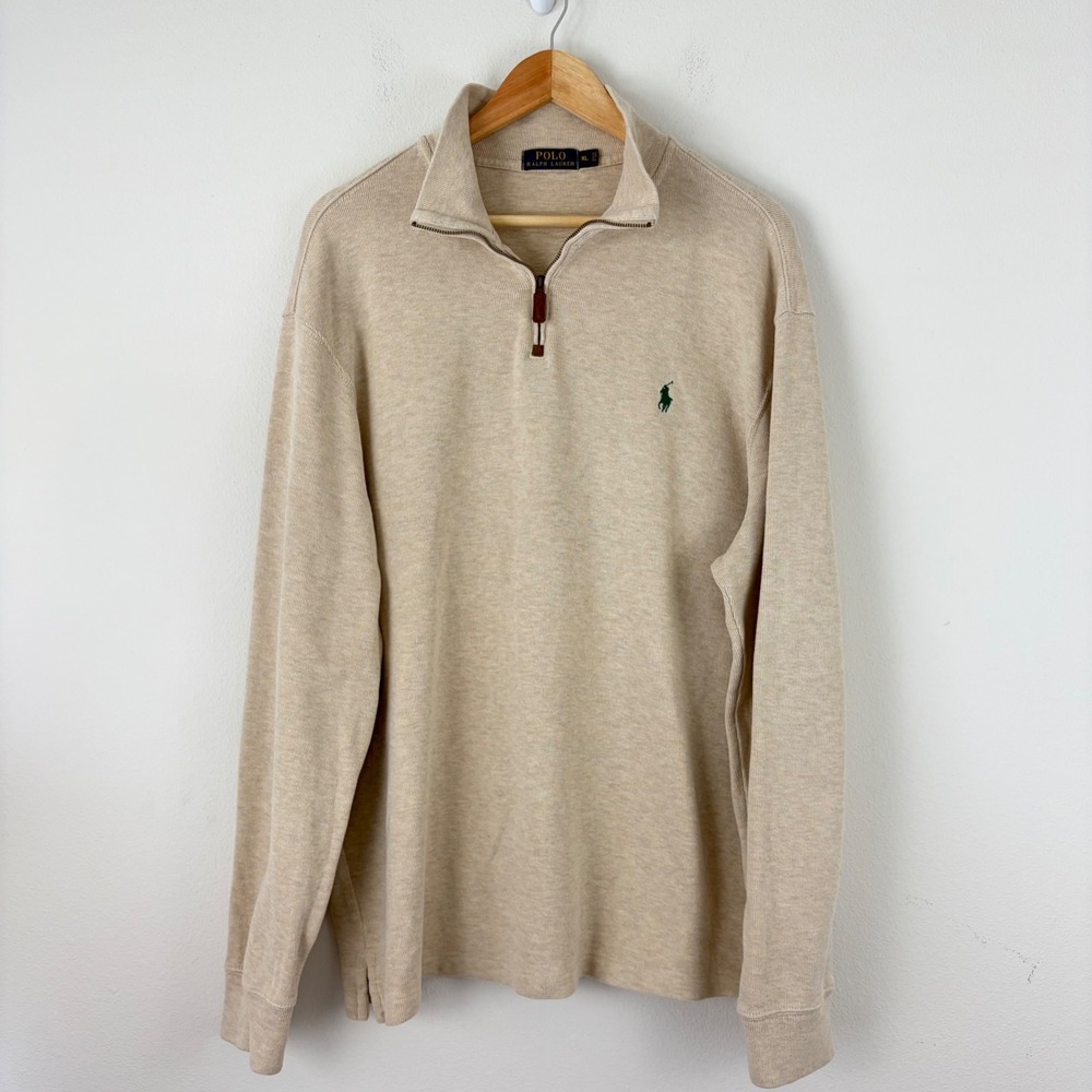 Polo Ralph Lauren Mens XL Quarter Zip Pullover Beige Cotton Knit Sweater Coastal